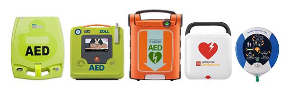 Collection of AEDs with CPR Feedback on white background