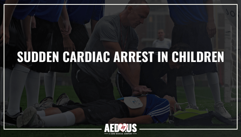 Black background with title- sudden cardiac arrest in children featuring soccer player unconscious