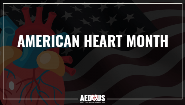 Heart and flag in background. American Heart Month