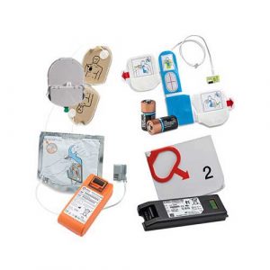 Collection of popular AED pads and batteries
