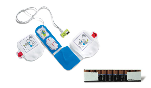 One pair of ZOLL AED Plus CPR-D Padz and a package of ten Lithium 123 Batteries on a white background.