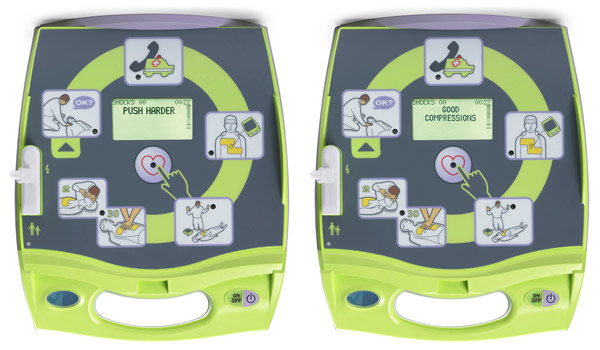 Two images of the ZOLL AED Plus user-friendly interface showing text prompts for "push harder" and "good compressions."