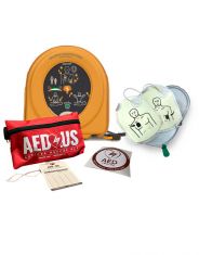 HeartSine samaritan PAD 450P Encore Series (Refurbished AED) with package contents: padpak (battery and pad combined), AED/CPR rescue kit, inspection tag, and AED Inside decal