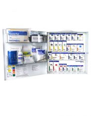 SmartCompliance Large ANSI B Metal First Aid Cabinet w/ meds for General Business - open cabinet showing contents