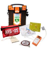 Cardiac Science Powerheart G5 AED - Encore Series (Refurbished AED) with package contents shown: AED/CPR rescue kit, pads, battery, inspection tag, and AED inside decal