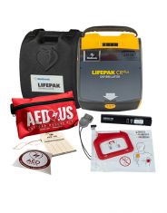 Physio-Control LIFEPAK CR Plus AED - Encore Series (refurbished AED) with package contents: AED/CPR rescue kit, adult charge-pak, inspection tag, and AED Inside decal.