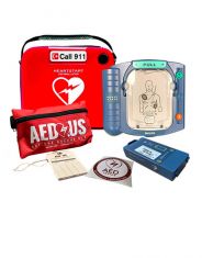 Philips HeartStart Onsite AED - Encore Series (Refurbished AED) and the package contents: AED/CPR Rescue Kit, Battery, Adult Pads, Inspection Tag, and AED Inside decal