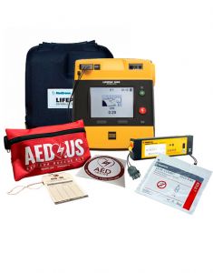 Physio-Control LIFEPAK 1000 with Graphical Display - Encore Series (refurbished AED) with package contents: AED/CPR rescue kit, quik-combo adult pads, battery, inspection tag, and AED Inside decal.