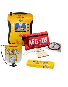 Defibtech Lifeline VIEW AED - Encore Series (Refurbished) with adult pads, battery, AED/CPR rescue kit, AED inspection tag and AED Inside window decal