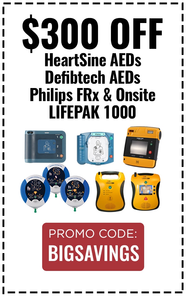 $300 off new Lifeline, Lifeline View, Lifepak 1000 graphical, and Heartsine AEDs and Philips FRx, Onsite